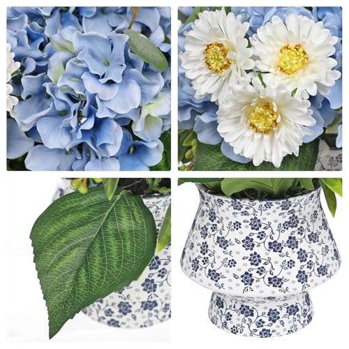 Fake Flowers Artificial Hydrangea Flowers in Rustic Galvanized Metal Pot Shabby Chic Rose Flower Arrangement Faux Flower Bouquet for Farmhouse Table Centerpiece Windowsill Indoor Decoration 4