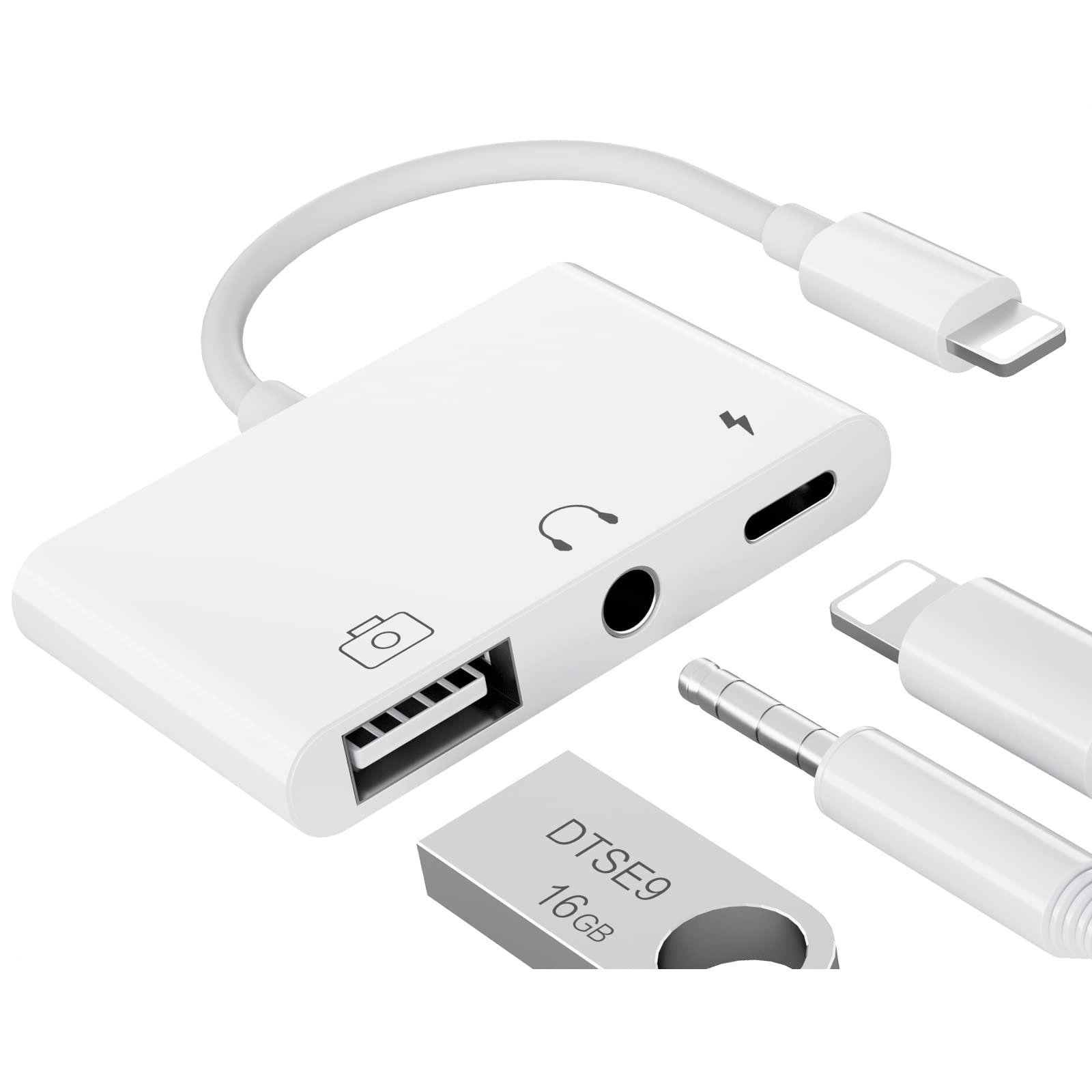 LXJTHT USB Adapter for iPhone, 3 in 1 USB OTG Adapter with Charging Port and 3.5 mm Headphone Jack Compatible with iPhone 13/12/11 Pro/X/8/7, Support Hub, MIDI Keyboard, Camera, Card Reader 1