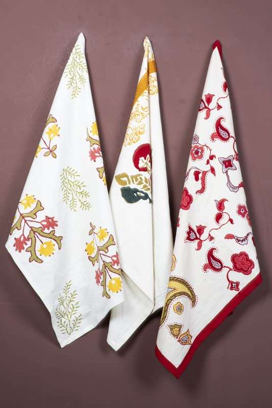 CONTRAST LIVING SmarekA Hand Block Printed Kitchen Towel/Dish Towel/Hand Towel Multi Color Set of 3 Pcs 1
