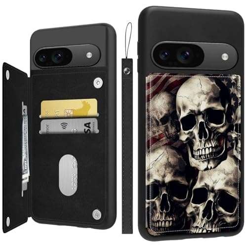 ACWDMKH for Google Pixel 9 Case Wallet with Card Holder&Wrist Strap,for Pixel 9 Case for Women Flip Leather Kickstand Card Slots Case,Double Magnetic Clasp Case Cover for Pixel 9,Skulls America Flag 1