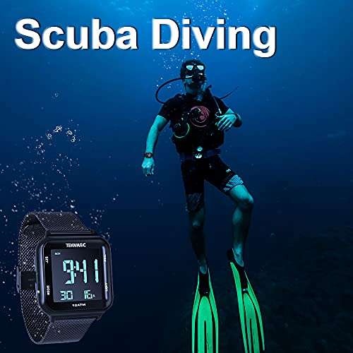 TEKMAGIC 10 ATM Waterproof Digital Watch with Stainless Steel Wristband Support Swimming Diving Wear 100m Underwater, Alarm Clock, Chronograph, Timer, Countdown, Dual Time Zone, 12 or 24 Hour Format, 2