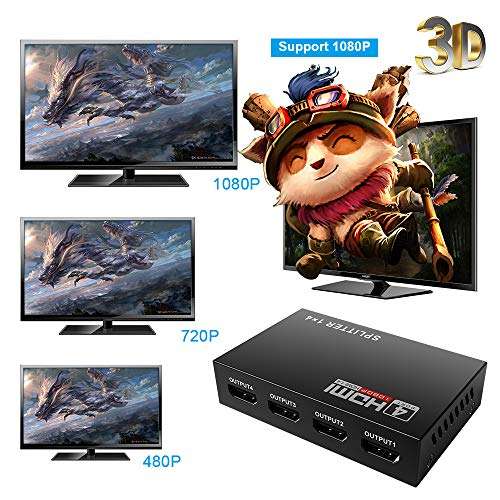Mcscants HDMI Splitter 1 in 4 Out V1.4 Powered 1x4 Ports Box Supports 4K@30Hz Full Ultra HD 1080P 3D Compatible with PC STB Xbox PS4 Fire Stick Roku Blu-Ray Player TV HDTV (1 Input to 4 Outputs) 3