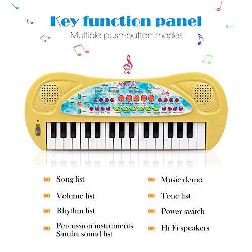 aPerfectLife Kids Piano Keyboard, 32 Keys Multifunction Portable Toy Piano Electronic Music Keyboard Instrument for Early Learning Educational (Yellow) 2