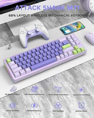 M71 75% CNC Aluminum Alloy Custom Wireless Gaming Keyboard, Bluetooth/2.4G/Wired, 71 Keys Hot-swappable RGB Mechanical Keyboard, 4600mAh Rechargeable Gasket Mounted for PC/Windows/Mac (Lavender) 2