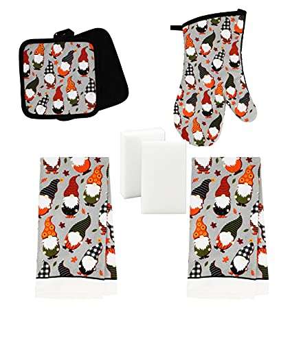 Gnome for The Halloween Happy Halloween Decorative 5PCS Kitchen Linen Set, 2 Dish Towels Hand Towels, 2 Potholders Hot Pads, 1 Oven Mitt 1