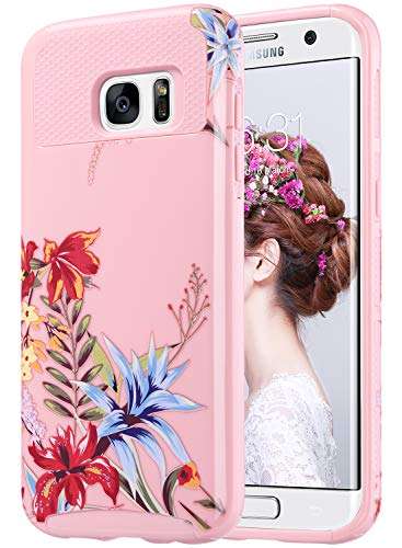 ULAK S7 Edge Case, Galaxy S7 Edge Case, Hybrid Case for Samsung Galaxy S7 Edge 2016 Release 2-Piece Dual Layer Style Hard Cover (Pink+Tropical Flower) 1