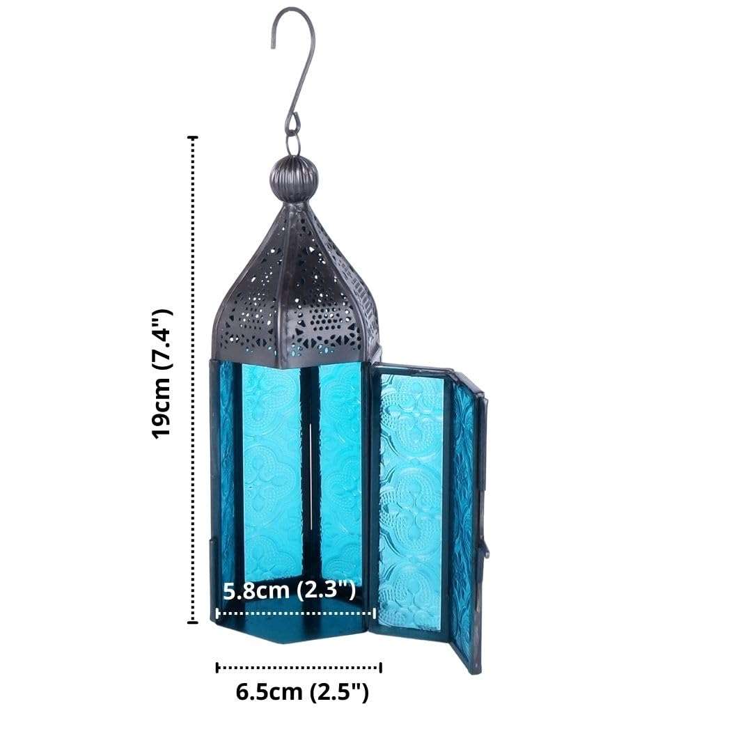 Behoma Moroccan Lanterns for Home Decoration Purple and Blue Textured Glass | Showpiece for Home Decor Living Room Study Room Table Hanging Lantern Lamp | Set of 2 Nickle Black Small 5