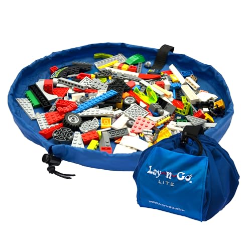 Lay-n-Go 4-in-1 Drawstring Toy Storage Organizer Mat - Durable Machine Washable Drawstring Bag for Lego & Other Toys - Easy-to-Clean Pull String Bag w/ 4 Mesh Pockets & Raised Lip (18", Red/Blue)