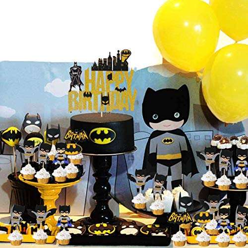 Batman Birthday Supplies Cupcake Toppers Batman Theme Party Glitter Decorations for Kids Birthday Super Hero Theme Party Baby Shower Favor Supplies Set of 24 Double-sided Printing 6