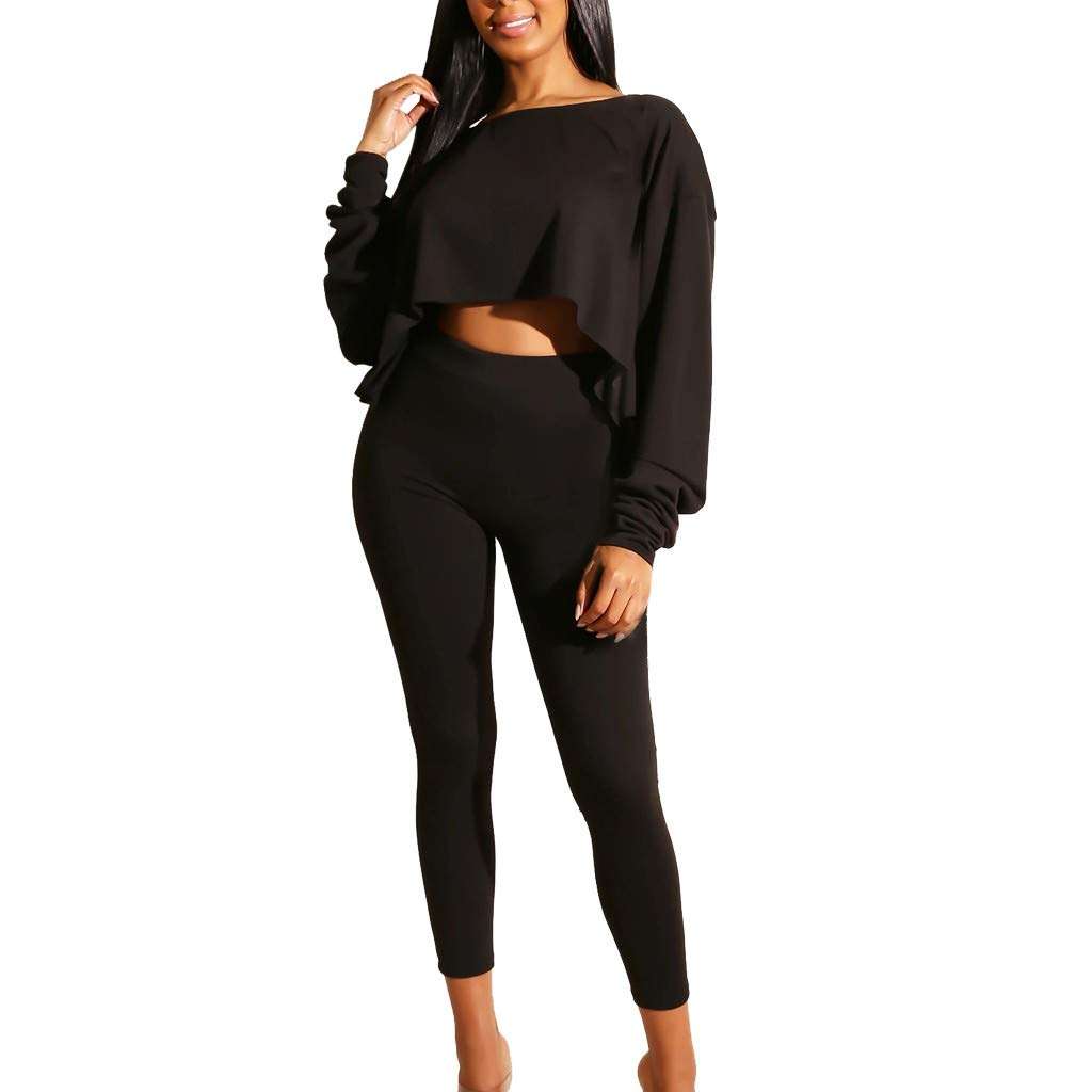 Womens Off Shoulder Sweatshirt Long Lantern Sleeve Crop Tops High Waist Bodycon Pants Set 2 Piece Outfit Blue 1