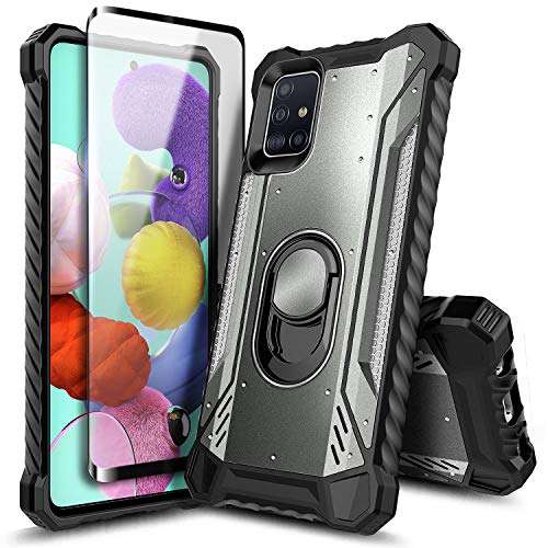 E-Began Case for Samsung Galaxy A51 4G with Tempered Glass Screen Protector (Maximum Coverage), Aluminum Magnetic Metal Built-in Ring Holder, Full-Body Protective Shockproof Case -Gray 1
