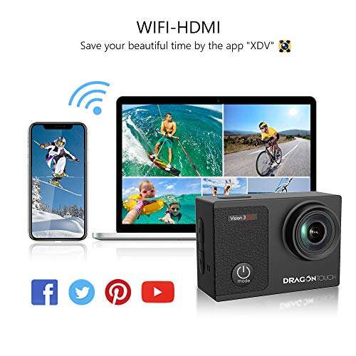 Dragon Touch 4K Underwater HD Action Camera, Vision 3 Pro Touch Screen 20MP 100FT Waterproof Video Camera Adjustable View Angle WiFi Sports Camcorder with Remote Control Helmet Accessories 5