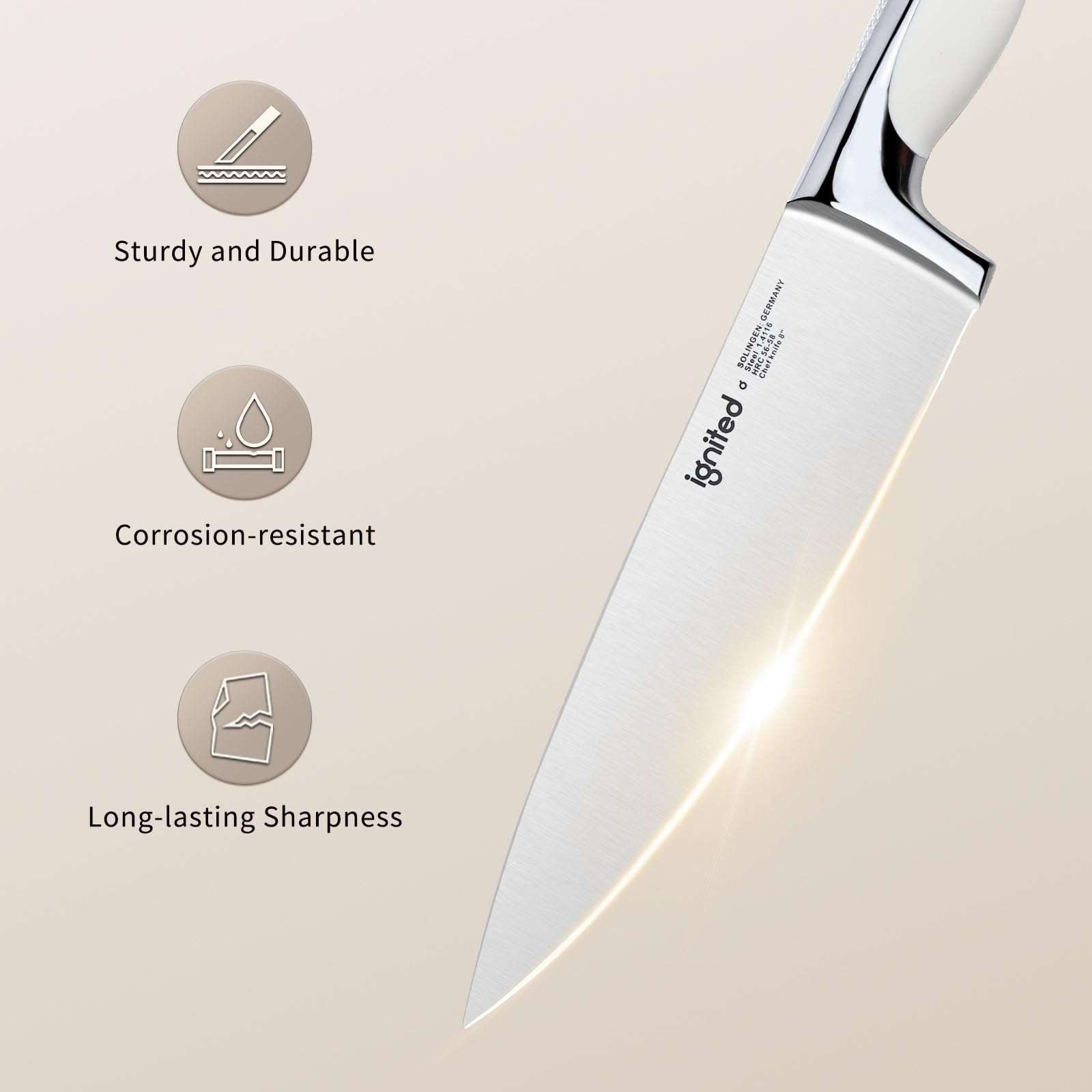 IGNITED CUTLERY 8 inch Mirror Polished Chef Knife, German 1.4116 High Carbon Stainless Steel Chefs Knife with White ABS & Stainless Steel Handle, Razor Sharp Kitchen Knife for Home & Restaurant 4
