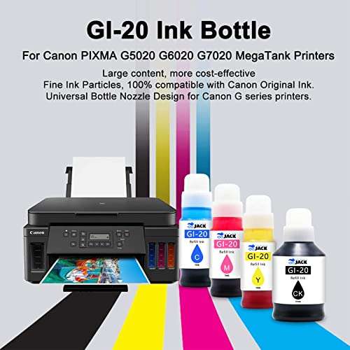 Printers Jack Compatible Canon GI-20 GI20 Refill Ink Bottles Kit for Canon PIXMA G5020 G6020 G7020 MegaTank Printers 6