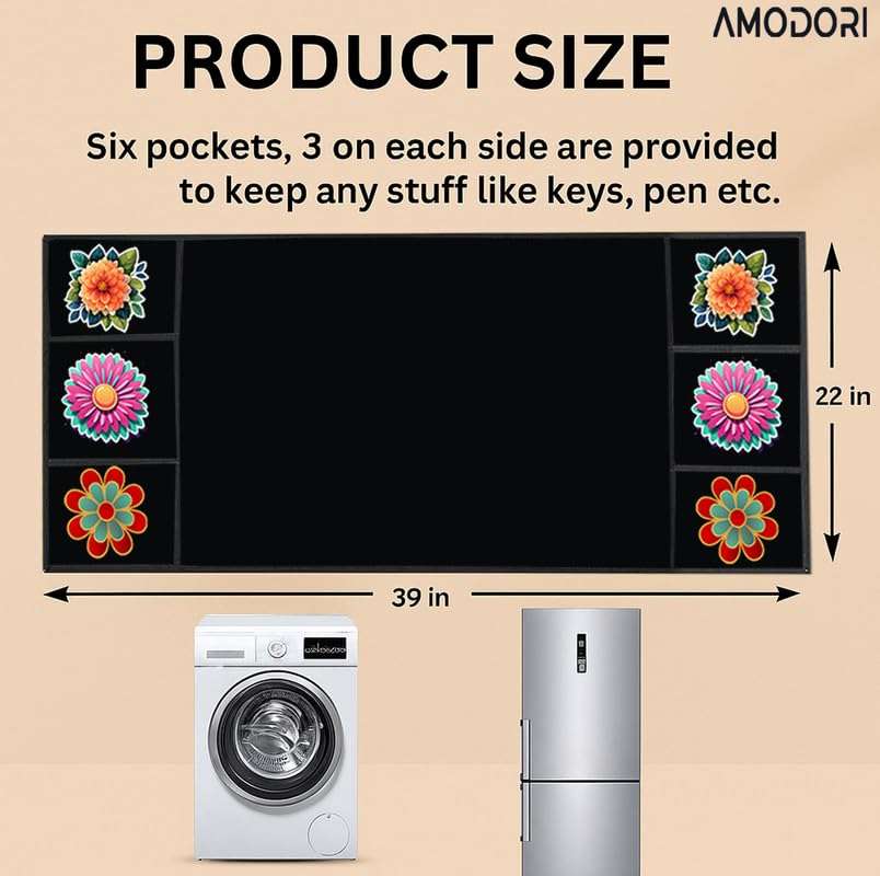 AMODORI Fridge Top Cover – Waterproof Cloth with 6 Side Storage Pockets with Flower Print Black Colour 5