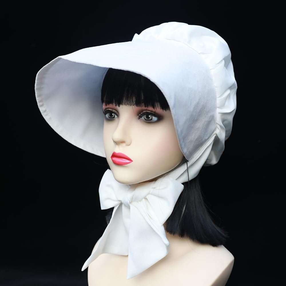 ZEUIHELO Maid Hat Peasant Amish Hat Prairie Cap Women Girls Pioneer Colonial Bonnet For Halloween Thanksgiving (Flat head style, White) 4