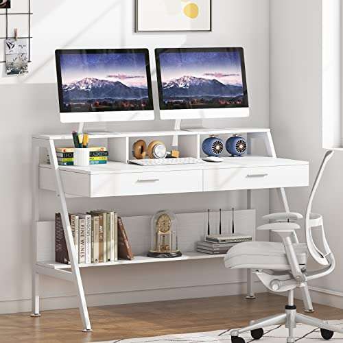 Tribesigns Computer Desk with Storage Shelf & Drawers, Modern 47 inch Office Writing Desk Study Table with Monitor Stand Riser for Home Office Use 3