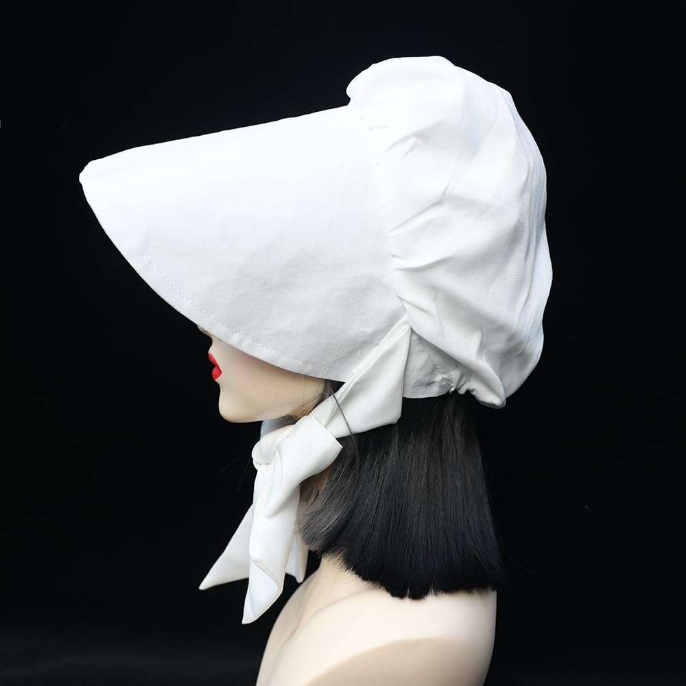 ZEUIHELO Maid Hat Peasant Amish Hat Prairie Cap Women Girls Pioneer Colonial Bonnet For Halloween Thanksgiving (Flat head style, White) 5