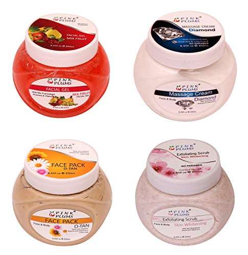 Pink Plums Skin-Whitening Scrub, D-Tan Face Pack, Diamond Massage Cream, Mix Fruit Facial Gel for Face with Vitamin E - 250 ml Each (Combo Pack of 4) 1