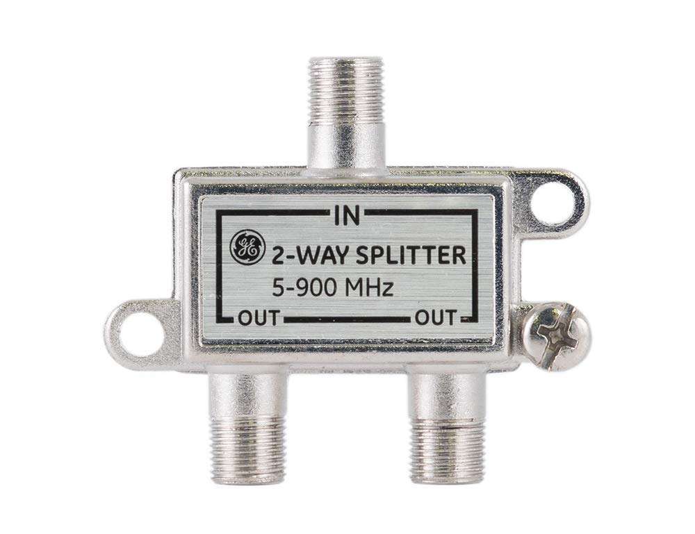 GE 2-Way Coaxial Cable Splitter, 5-900 Mhz Range, RG59 RG6 Coax Compatible, Audio, Video, Works with HD TV, Cable, Amplifiers, Amplified Antennas, Nickel, Corrosion Resistant, 35046 1