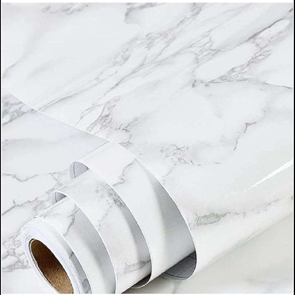 Waterproof Oil-Proof Kitchen Wallpaper Sticker – 60x200 CM Self-Adhesive Roll for Wall, Tile & Platform – Removable & Easy to Clean ((White Marble)-02) 1