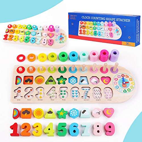 QZMTOY Preschool Educational Learning Montessori Toys for Kids, Toddler Puzzles Number Shape Sorter Counting Stacker with Clock Weather, Boys Girls Activities Math Game Gift for Age 3 4 5 Years 1