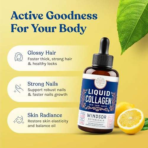 WINDSOR BOTANICALS Liquid Collagen for Women and Men - Hair, Skin, Nails Vitamins - Lemon Flavor Collagen Peptides Hair Growth Drink - 5,000mcg Biotin, 10,000mcg - US Made - 2x2oz 2
