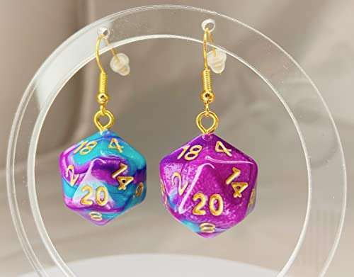 d20 20-Sided Polyhedral Dice Earrings - Hook with Earnuts (Light Blue-Purple Swirl) 5