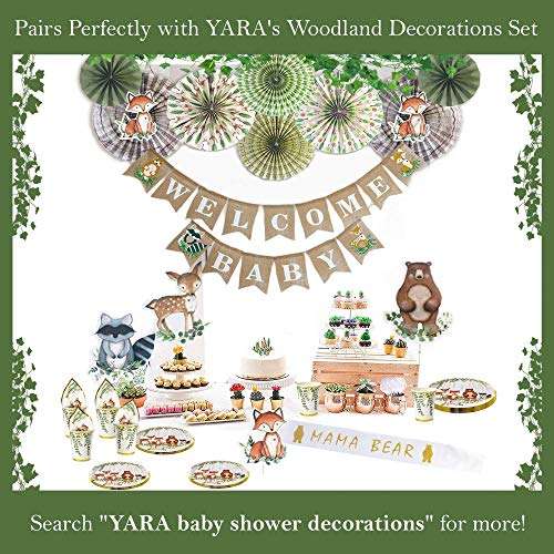YARA 96 Piece Woodland Animals Baby Shower & Birthday Party Supplies For Boy & Girl Decorations with disposable paper plates napkins and cups of Forest Creatures Fox Theme Tableware Set Serves 24 5
