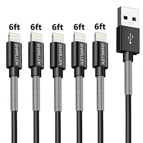 iPhone Charger Cable Sharllen Spring iPhone Lightning Cable 5Pack 6FT USB Fast Charging & Data Sync Cord Long iPhone Charging Cable Compatible iPhone Xs/Max/XR/X/8/8P/7/7P/6/6S/SE/iPad/iPod Black
