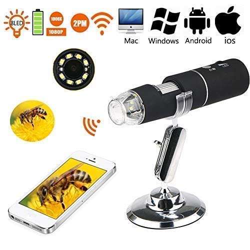 XIKKART WiFi Digital Microscope,50X-1000X Handheld Digital Zoom Microscope Endoscope Magnifier HD 2MP 8 LED for Android and iOS Smartphone, iPhone, Samsung, Tablet, Windows PC (Black) 3