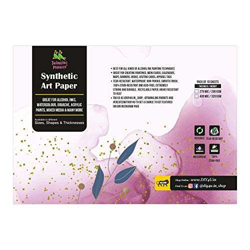Twinkling Parrots® Alcohol Ink Synthetic Art Paper | Non Tearable | Non Porous | A4 Inch | 275 Micron / 200 GSM | Rectangle | Pack of 10 | 100% Stain-Free | Opaque White |
