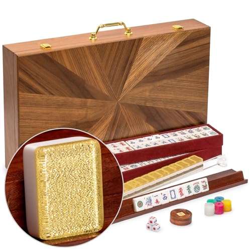Yellow Mountain Imports American Mahjong Set, Golden Fortune with 166 Acrylic Mahjong Tiles, Inlaid Wooden Case, Racks and Other Accessories 1