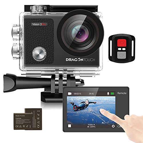 Dragon Touch 4K Underwater HD Action Camera, Vision 3 Pro Touch Screen 20MP 100FT Waterproof Video Camera Adjustable View Angle WiFi Sports Camcorder with Remote Control Helmet Accessories 1