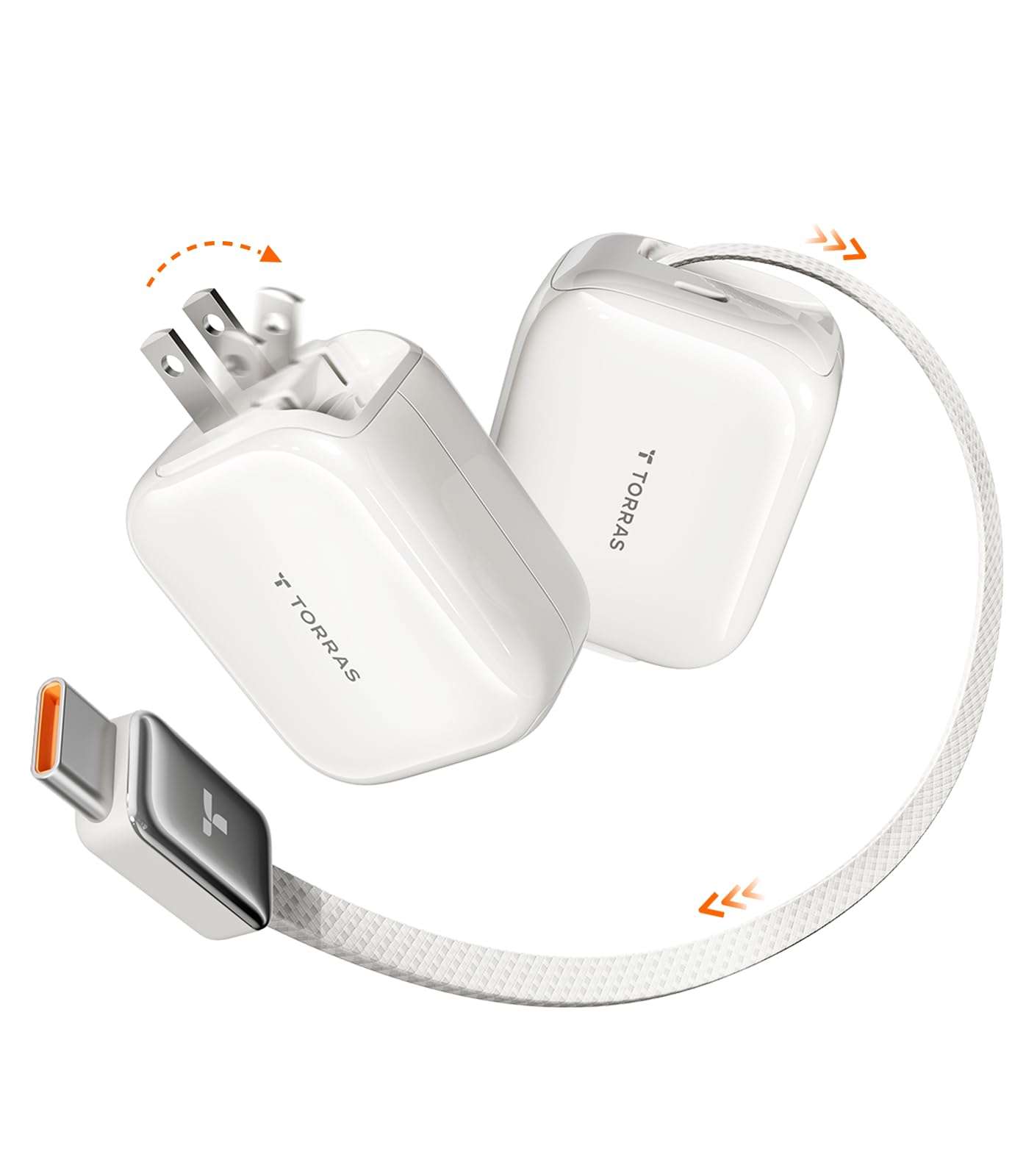 Torras FlexLine Retractable Charger, 35W GaN III USB-C Charger Block with Dual Ports, Phone Charger Fast Charging for iPhone 17/16/15, Samsung Galaxy S26 Ultra/S25, Pixel, iPad Pro, Airpods Pro 1