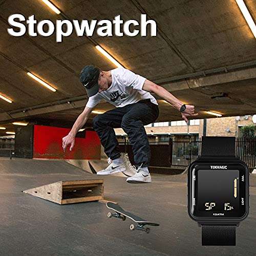 TEKMAGIC 10 ATM Waterproof Digital Watch with Stainless Steel Wristband Support Swimming Diving Wear 100m Underwater, Alarm Clock, Chronograph, Timer, Countdown, Dual Time Zone, 12 or 24 Hour Format, 3