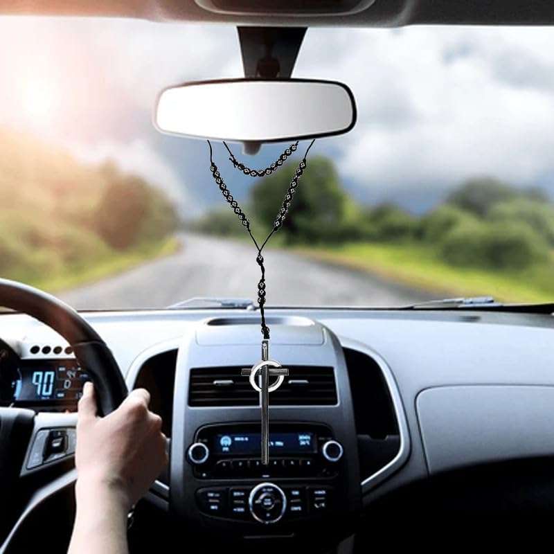 M Men Style Religious Lord Jesus Christ Long Ring Cross Black and Black Catholic Rosary Beads Car Rearview Mirror Charm Car Dangler Ornament, Accessories, Gift SCrMa2024275 1