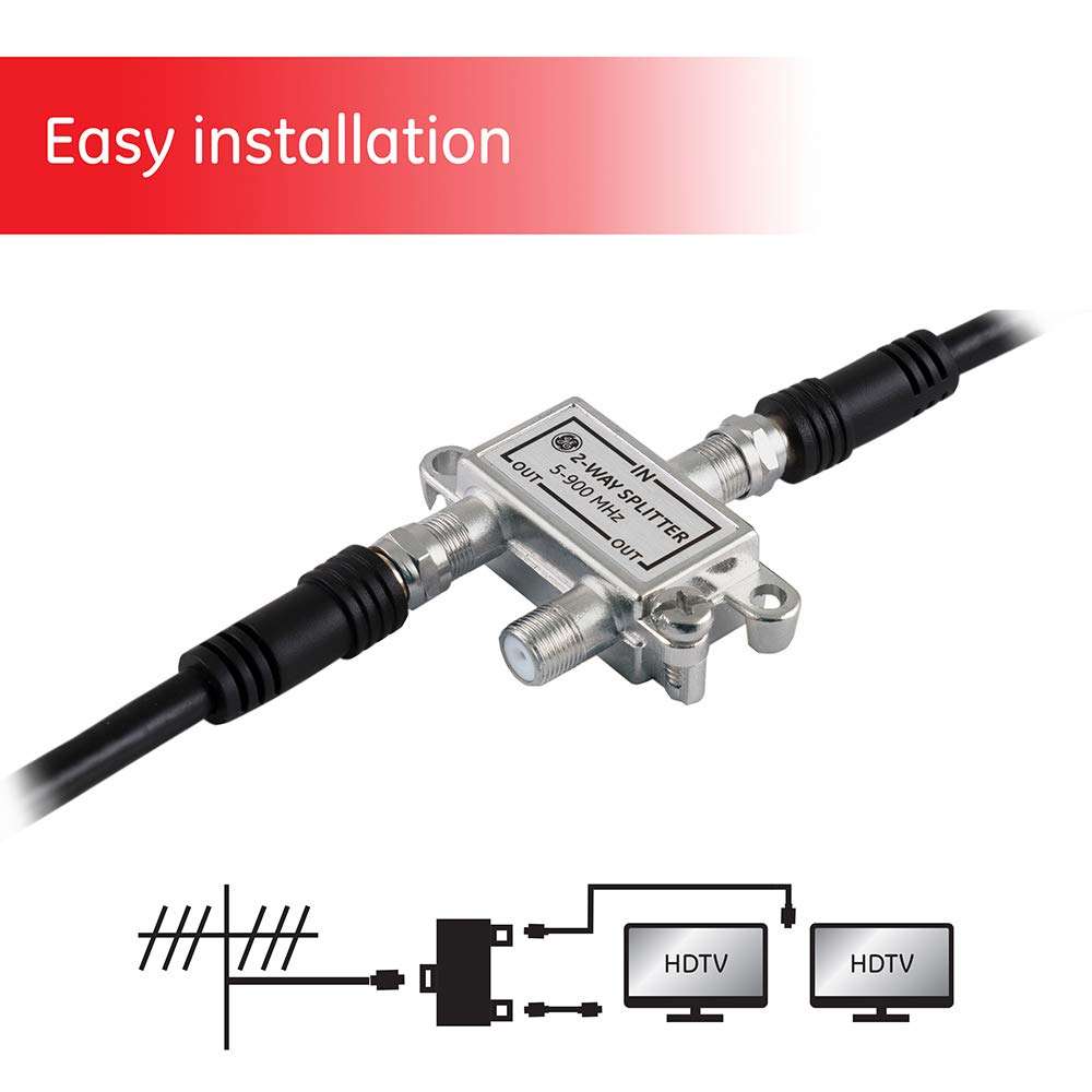 GE 2-Way Coaxial Cable Splitter, 5-900 Mhz Range, RG59 RG6 Coax Compatible, Audio, Video, Works with HD TV, Cable, Amplifiers, Amplified Antennas, Nickel, Corrosion Resistant, 35046 2