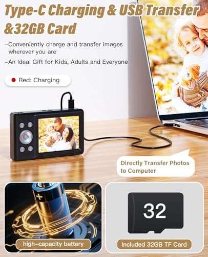 2025 New Digital Camera, 56MP FHD 1080P for Kids with 16x Digital Zoom Anti Shake, Face Detect, Smile Capture, 32GB TF Card, Battery, Lanyard, a Great Gift for Boys & Girls（Black） 5