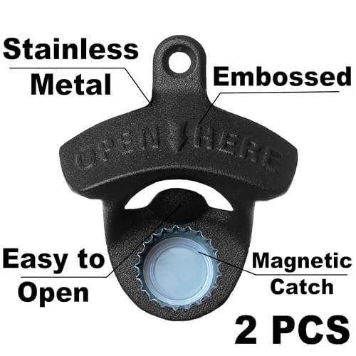 Jumiok Black Magnetic Wall Mount Beer Bottle Opener Screw in Bottle Cap Opener with Magnets Built-in to Catch Bottle Cap (Pack of 2) 2
