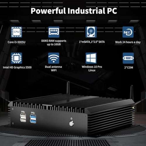 Thdeukoty Fanless Mini Industrial PC, Desktop Computer Core i3-5005U Windows 10 Pro, 8GB RAM 256GB SSD, 2xNICs, 2*COM RS232, 4xUSB3.0, Dula-Band WiFi, HDMI/VGA Ports, Gigabit LAN, Auto Power On 2