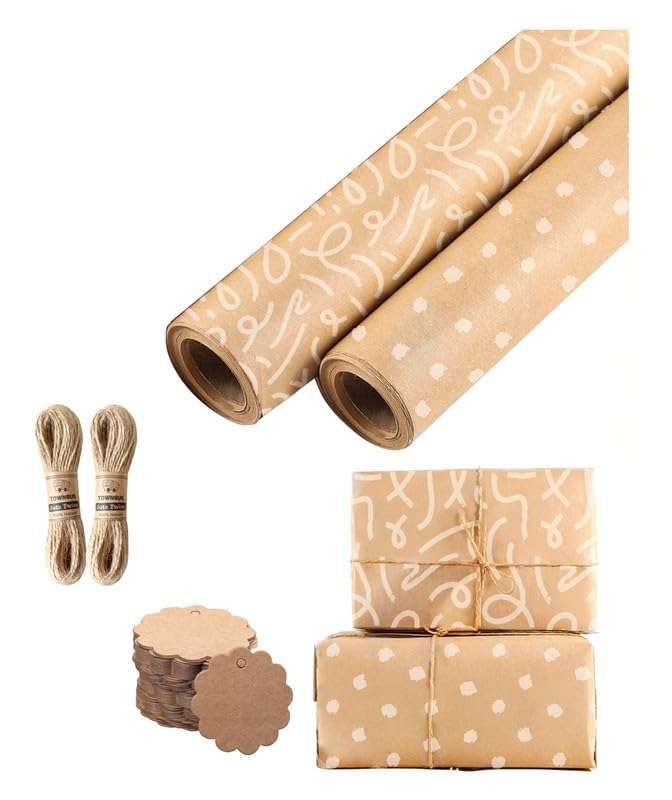 TOWNBUS | Pack of 20 |45cm x 60cm |100 GSM Kraft Paper with Minimal Lines Print & Smudge dots in White | with 20 Tags & Jute Ropes | Perfect for Gift Packing, Bouquet Wrapping and so on 1