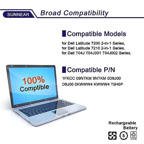 SUNNEAR 0G74G 2PFPW Laptop Battery Replacement for Dell Latitude 5300 5310 7300 7400 E5300 E5310 E7300 E7400 Series OG74G 02PFPW 3KF82 8JYHH 11.4V 42Wh 3500mAh 3-Cell 5