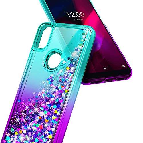 NZND Case for T-Mobile REVVL 4 with Tempered Glass Screen Protector (Full Coverage), Glitter Liquid Floating Waterfall Girls Cute Phone Case Cover (Aqua/Purple) 6