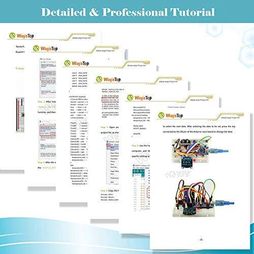WayinTop Real Time Clock Kit with Tutorial for Arduino, DS3231 AT24C32 Clock Module + Micro SD Card Driver + Nano V3.0 Development Board + OLED 128X64 Display + Buzzer + Breadboard Jumper Wires 4