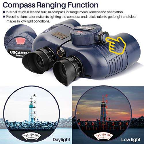 USCAMEL 10x50 Marine Binoculars for Adults, Waterproof Binoculars with Rangefinder Compass Tripod Adapter，BAK4 Prism FMC Lens for Navigation Bird Watching Hunting 4