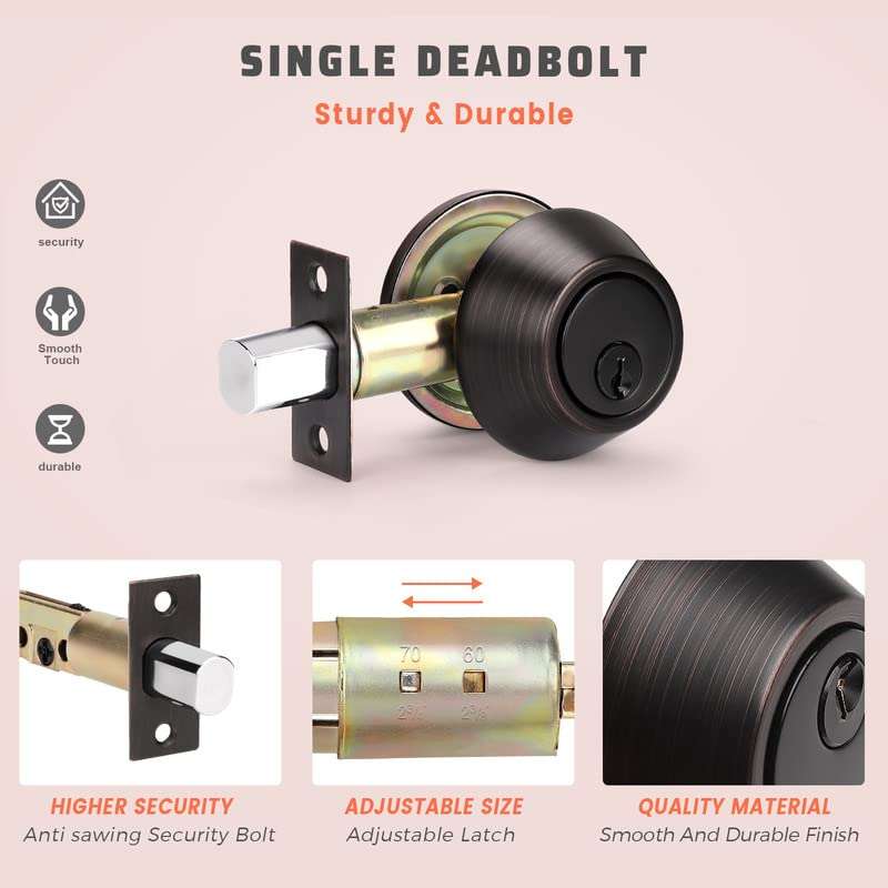Door Deadbolt Single Cylinder Deadbolt in Oil Rubbed Bronze, Thumb Turn Button Inside and Key Outside Deadbolt Key Lock 4