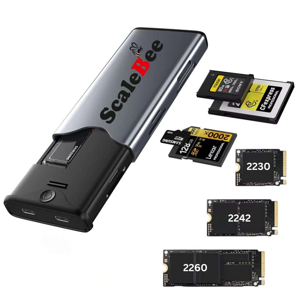SCALEBEE 6 in 1 CFexpress Type B Type A SD SDXC SDHC MicroSD UHS II Card Reader USB 3.2 Gen 2 with Transfer up to 10GB/s with M.2 NVME SATA SSD Enclosure Compact Slim Metal Body with Type C Cable