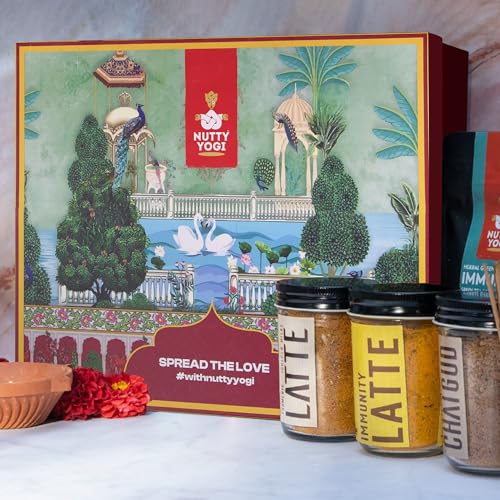 Nutty Yogi Diwali Gift Hamper for Every Occasion | Immunity Latte | Turmeric Latte | Masala Chai Gud |Immunity Tea |Ayurvedic Masala Chai | Diwali Festival Gift Pack for Family, Friends