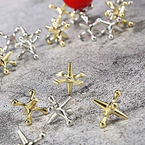 Legigo 3 Sets Retro Metal Jacks and Ball Game Toys Kit,Include 3 Pieces Red Rubber Balls and 30 Pieces Gold and Silver Metal Jacks for Kids and Adults,Classic Game of Jacks for Party Favor 2